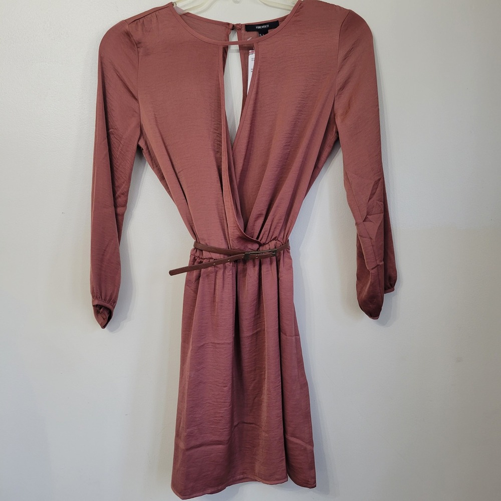 Forever 21 Womens Rosewood Surplice Long Sleeve Belted‎ Mini Dress Small New